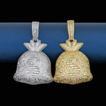 S925 Silver Moissanite Money Bag Pendant – Hip-Hop Style, Fits Cuban & Tennis Chain Necklace - CaratixJewelry