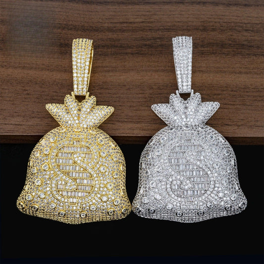 S925 Silver Moissanite Money Bag Pendant – Hip-Hop Style, Fits Cuban & Tennis Chain Necklace - CaratixJewelry