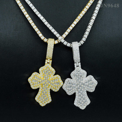 S925 Silver Moissanite Step-Cut Cross Pendant – Mini Hip-Hop Style Necklace - CaratixJewelry