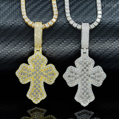 S925 Silver Moissanite Step-Cut Cross Pendant – Mini Hip-Hop Style Necklace - CaratixJewelry