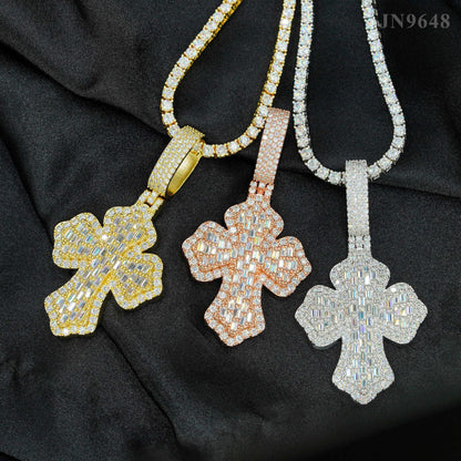 S925 Silver Moissanite Step-Cut Cross Pendant – Mini Hip-Hop Style Necklace - CaratixJewelry