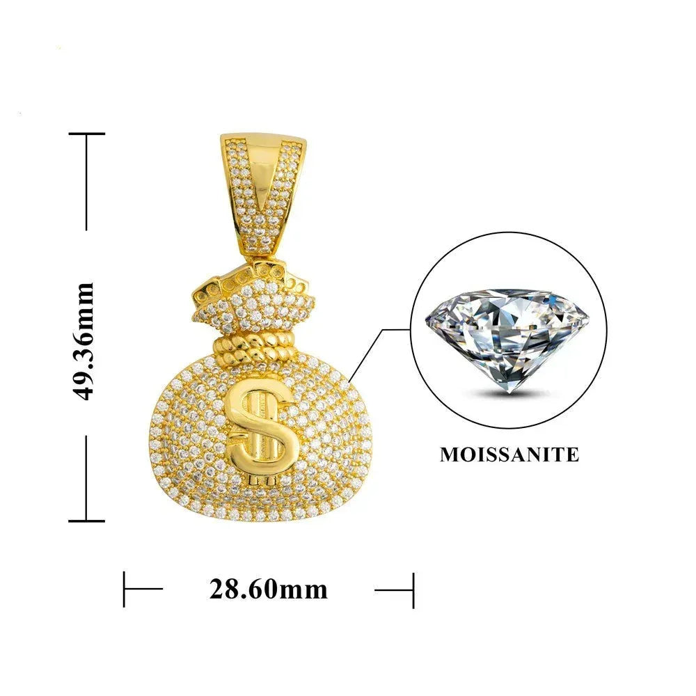 S925 Silver Money Bag Pendant – Unisex Hip-Hop Rectangular Moissanite Necklace - CaratixJewelry