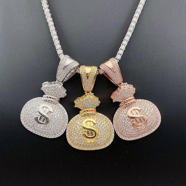 S925 Silver Money Bag Pendant – Unisex Hip-Hop Rectangular Moissanite Necklace - CaratixJewelry