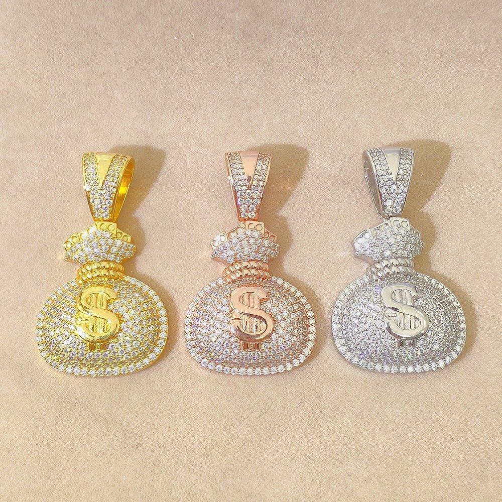 S925 Silver Money Bag Pendant – Unisex Hip-Hop Rectangular Moissanite Necklace - CaratixJewelry