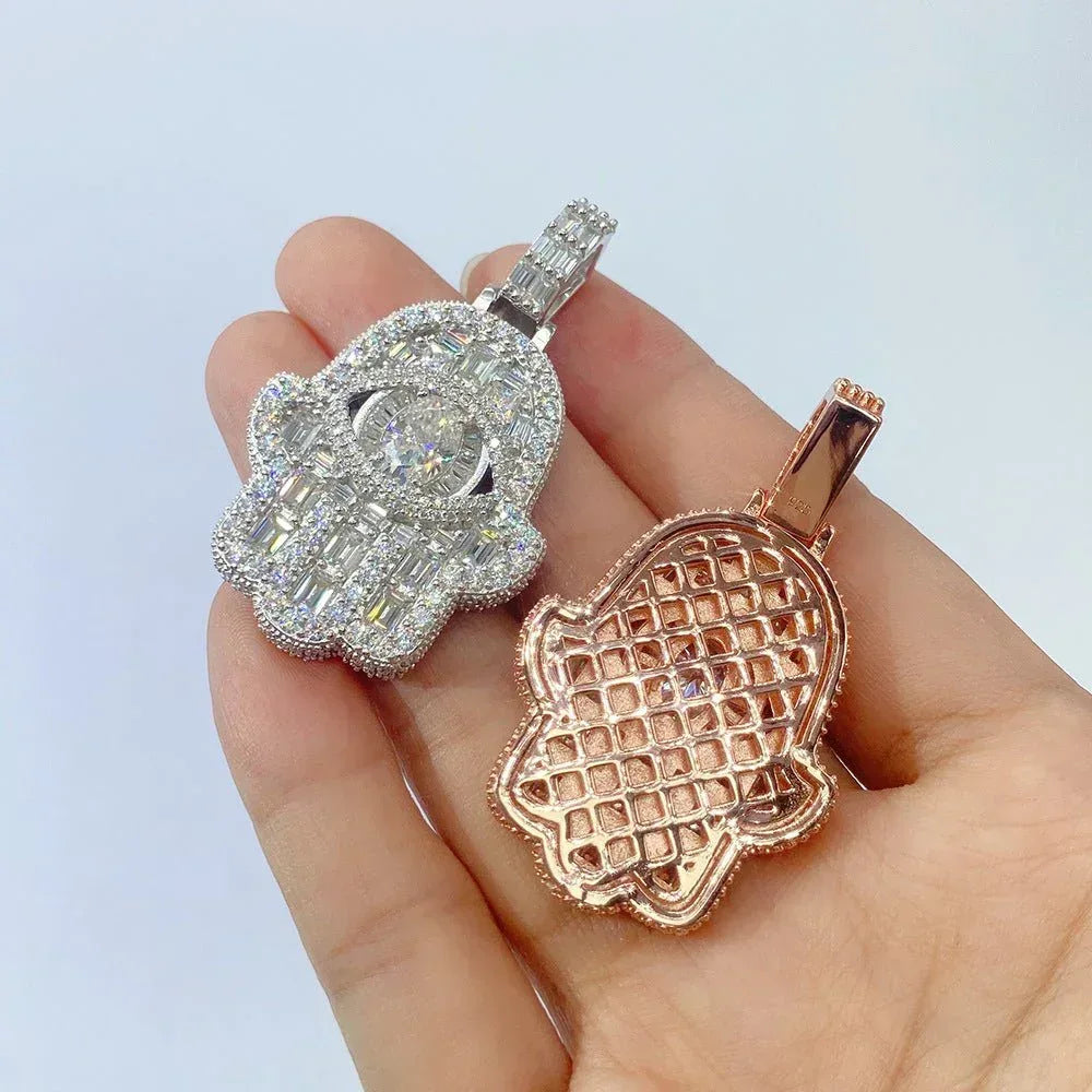 S925 Silver Rectangular Moissanite Hand Pendant – Hip-Hop Style, Trendy Jewelry - CaratixJewelry