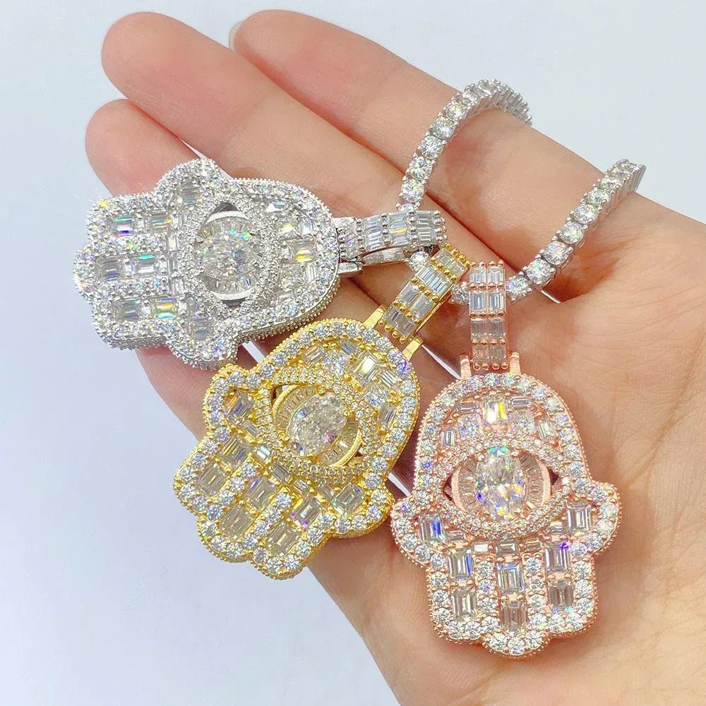 S925 Silver Rectangular Moissanite Hand Pendant – Hip-Hop Style, Trendy Jewelry - CaratixJewelry
