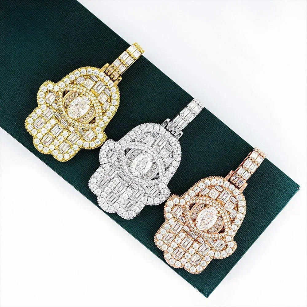 S925 Silver Rectangular Moissanite Hand Pendant – Hip-Hop Style, Trendy Jewelry - CaratixJewelry