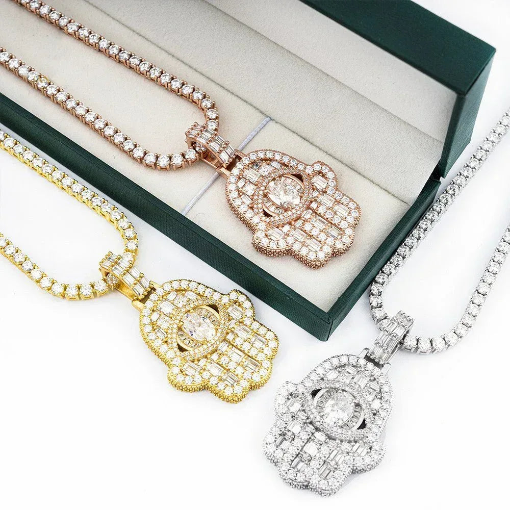 S925 Silver Rectangular Moissanite Hand Pendant – Hip-Hop Style, Trendy Jewelry - CaratixJewelry