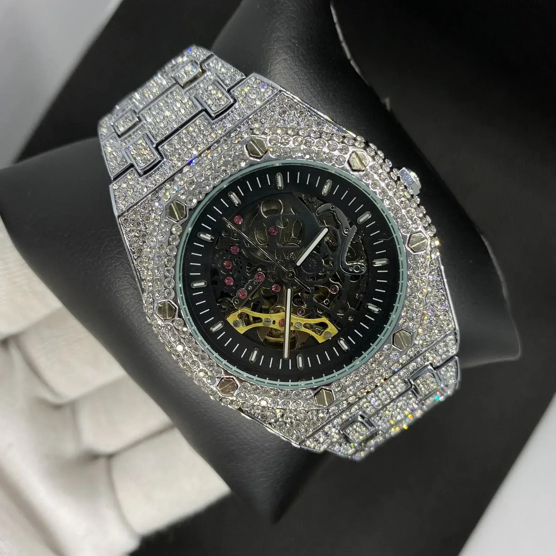 Self-Wind Mechanical Skeleton Iced Out Watch – Luxury Hip Hop Timepiece - CaratixJewelry