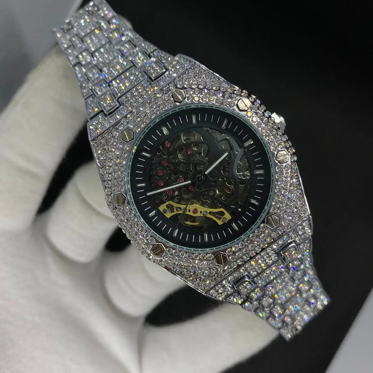 Self-Wind Mechanical Skeleton Iced Out Watch – Luxury Hip Hop Timepiece - CaratixJewelry