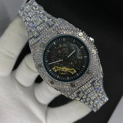 Self-Wind Mechanical Skeleton Iced Out Watch – Luxury Hip Hop Timepiece - CaratixJewelry