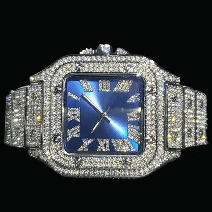 Square Blue Dial VVS Numerals Iced Out Watch – Luxury Hip Hop Timepiece - CaratixJewelry