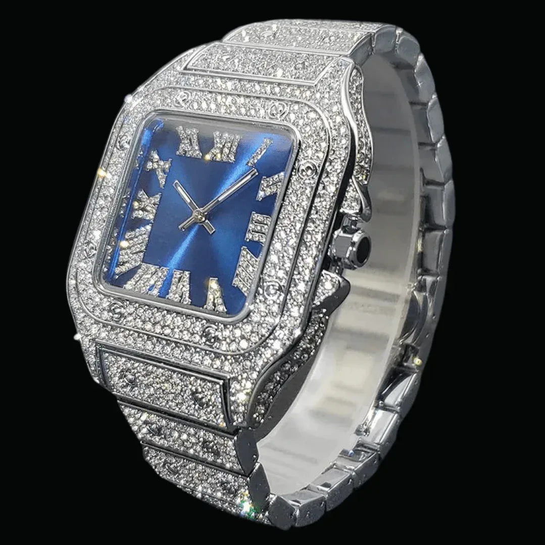Square Blue Dial VVS Numerals Iced Out Watch – Luxury Hip Hop Timepiece - CaratixJewelry