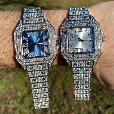 Square Blue Dial VVS Numerals Iced Out Watch – Luxury Hip Hop Timepiece - CaratixJewelry