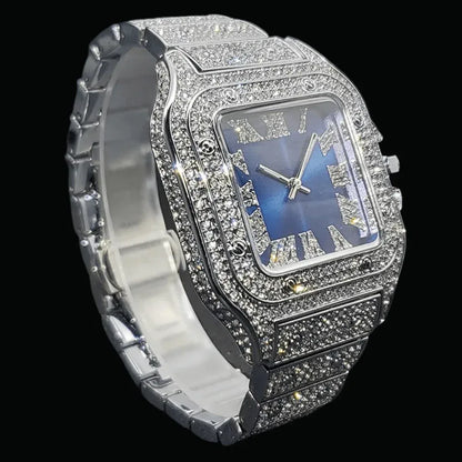 Square Blue Dial VVS Numerals Iced Out Watch – Luxury Hip Hop Timepiece - CaratixJewelry