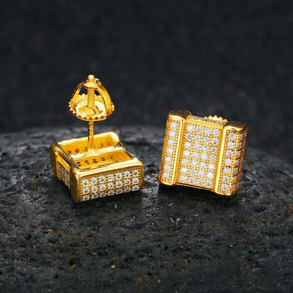 Square Cut Genuine Sterling Silver Flooded Ice Hip Hop Earrings - CaratixJewelry