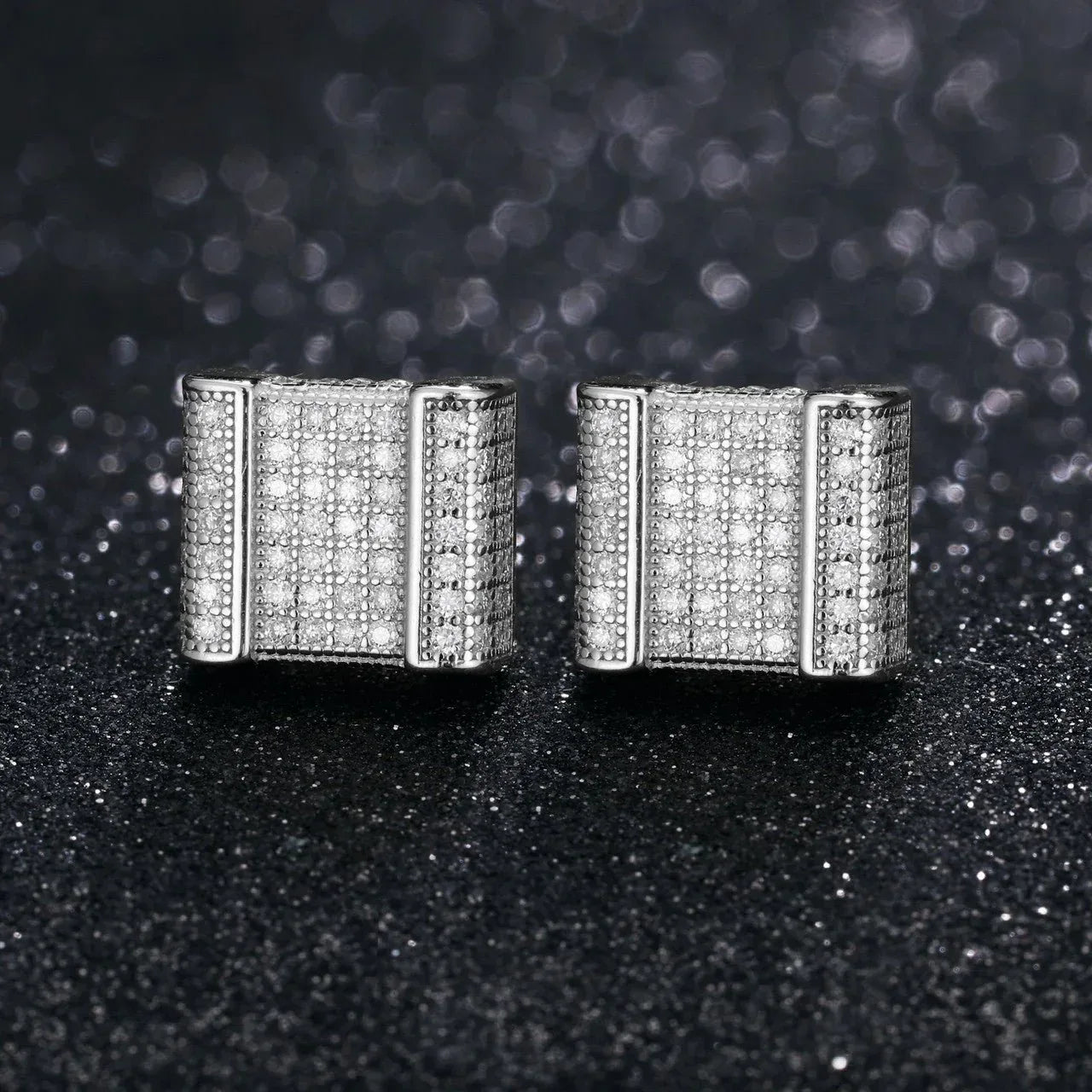 Square Cut Genuine Sterling Silver Flooded Ice Hip Hop Earrings - CaratixJewelry
