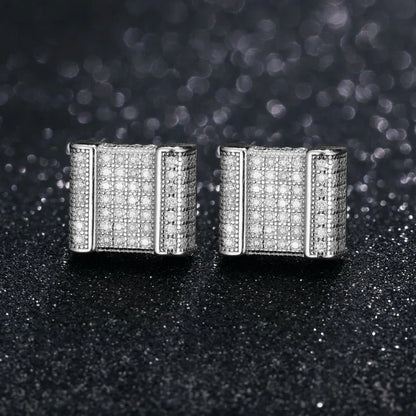 Square Cut Genuine Sterling Silver Flooded Ice Hip Hop Earrings - CaratixJewelry