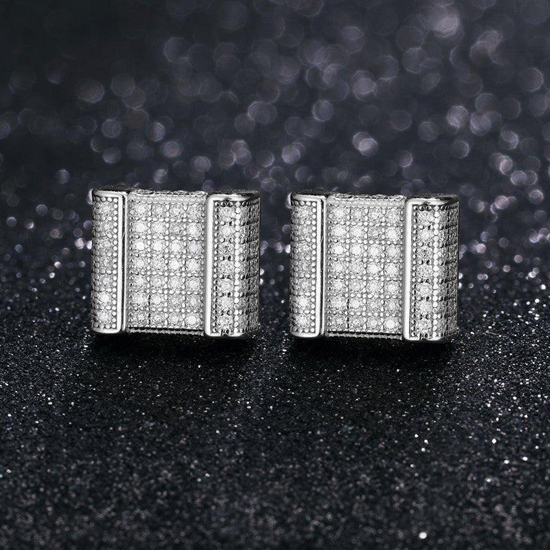 Square Cut Genuine Sterling Silver Flooded Ice Hip Hop Earrings - CaratixJewelry