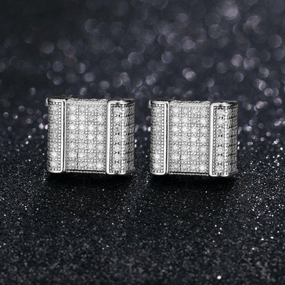 Square Cut Genuine Sterling Silver Flooded Ice Hip Hop Earrings - CaratixJewelry