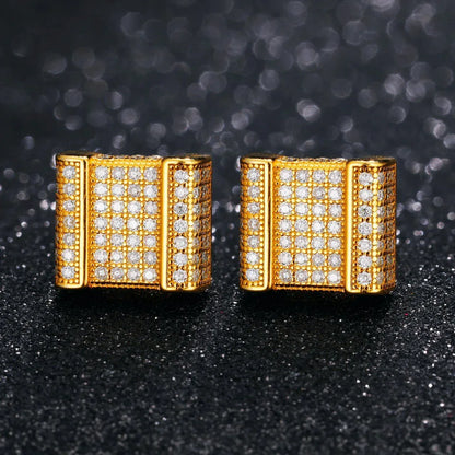 Square Cut Genuine Sterling Silver Flooded Ice Hip Hop Earrings - CaratixJewelry