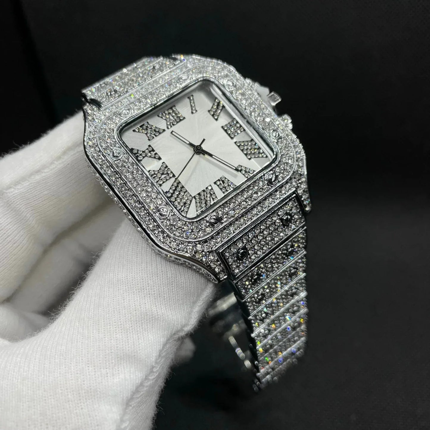 Square White Gold Dial VVS Numerals Iced Out Watch – Luxury Hip Hop Timepiece - CaratixJewelry