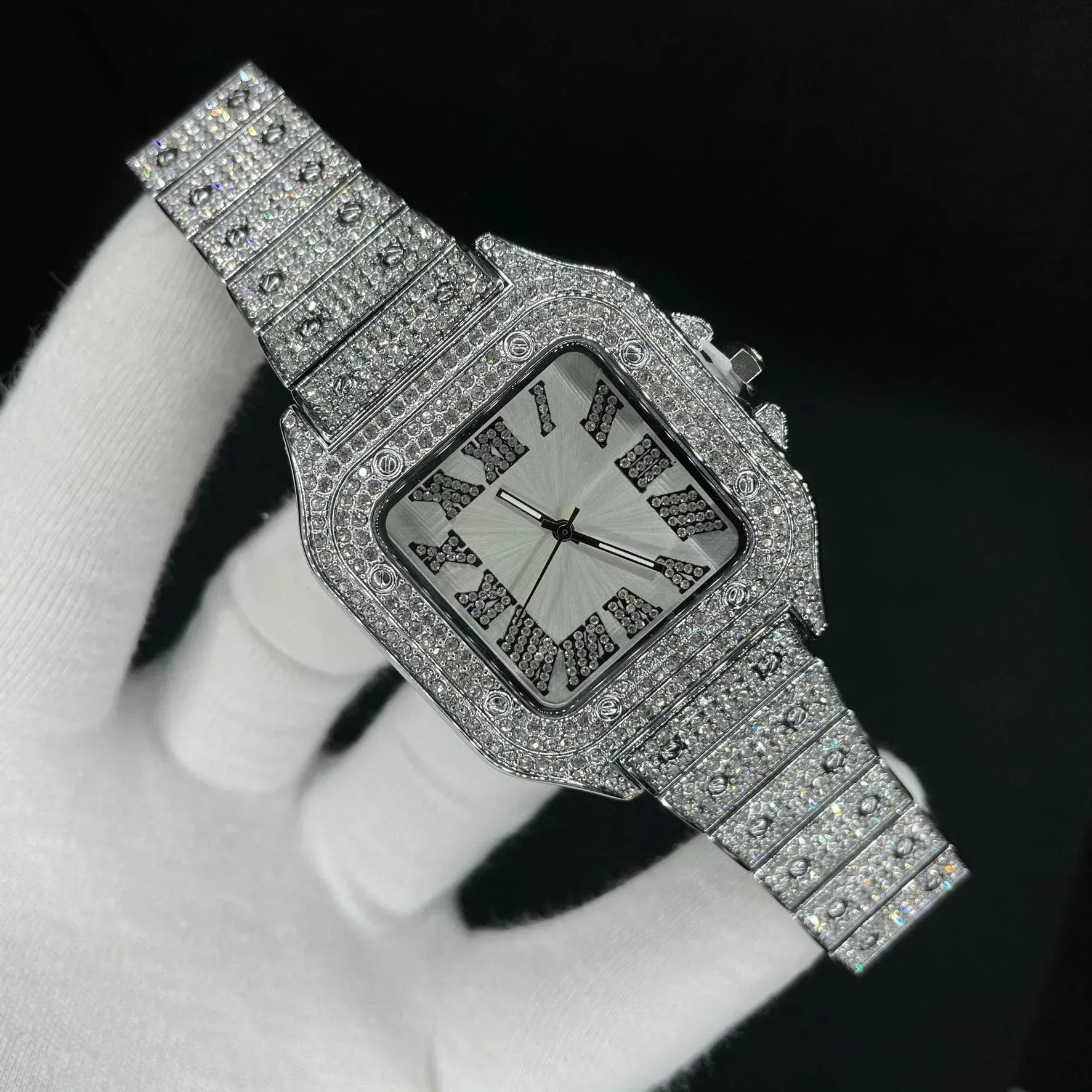 Square White Gold Dial VVS Numerals Iced Out Watch – Luxury Hip Hop Timepiece - CaratixJewelry