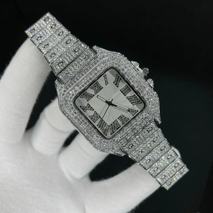 Square White Gold Dial VVS Numerals Iced Out Watch – Luxury Hip Hop Timepiece - CaratixJewelry