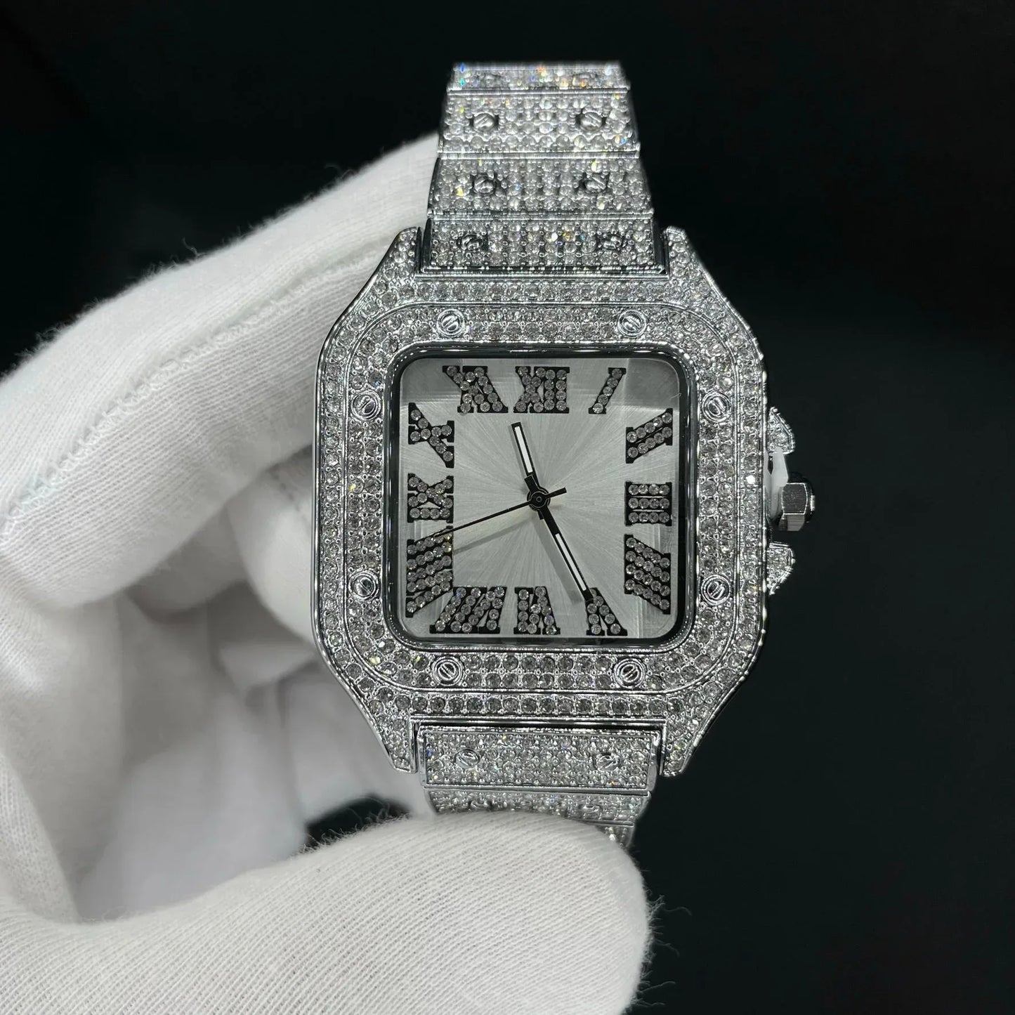 Square White Gold Dial VVS Numerals Iced Out Watch – Luxury Hip Hop Timepiece - CaratixJewelry