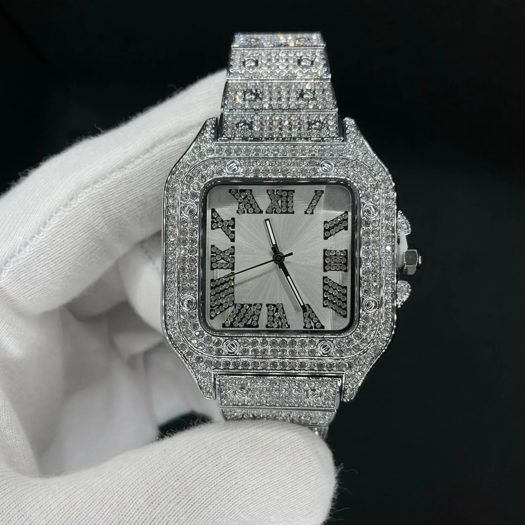 Square White Gold Dial VVS Numerals Iced Out Watch – Luxury Hip Hop Timepiece - CaratixJewelry