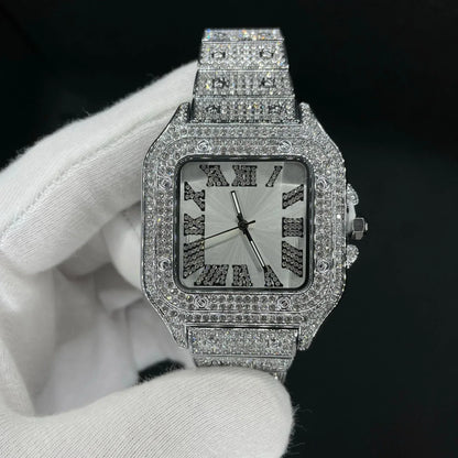 Square White Gold Dial VVS Numerals Iced Out Watch – Luxury Hip Hop Timepiece - CaratixJewelry