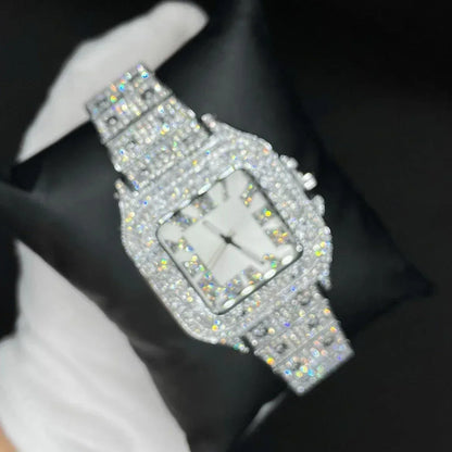 Square White Gold Dial VVS Numerals Iced Out Watch – Luxury Hip Hop Timepiece - CaratixJewelry