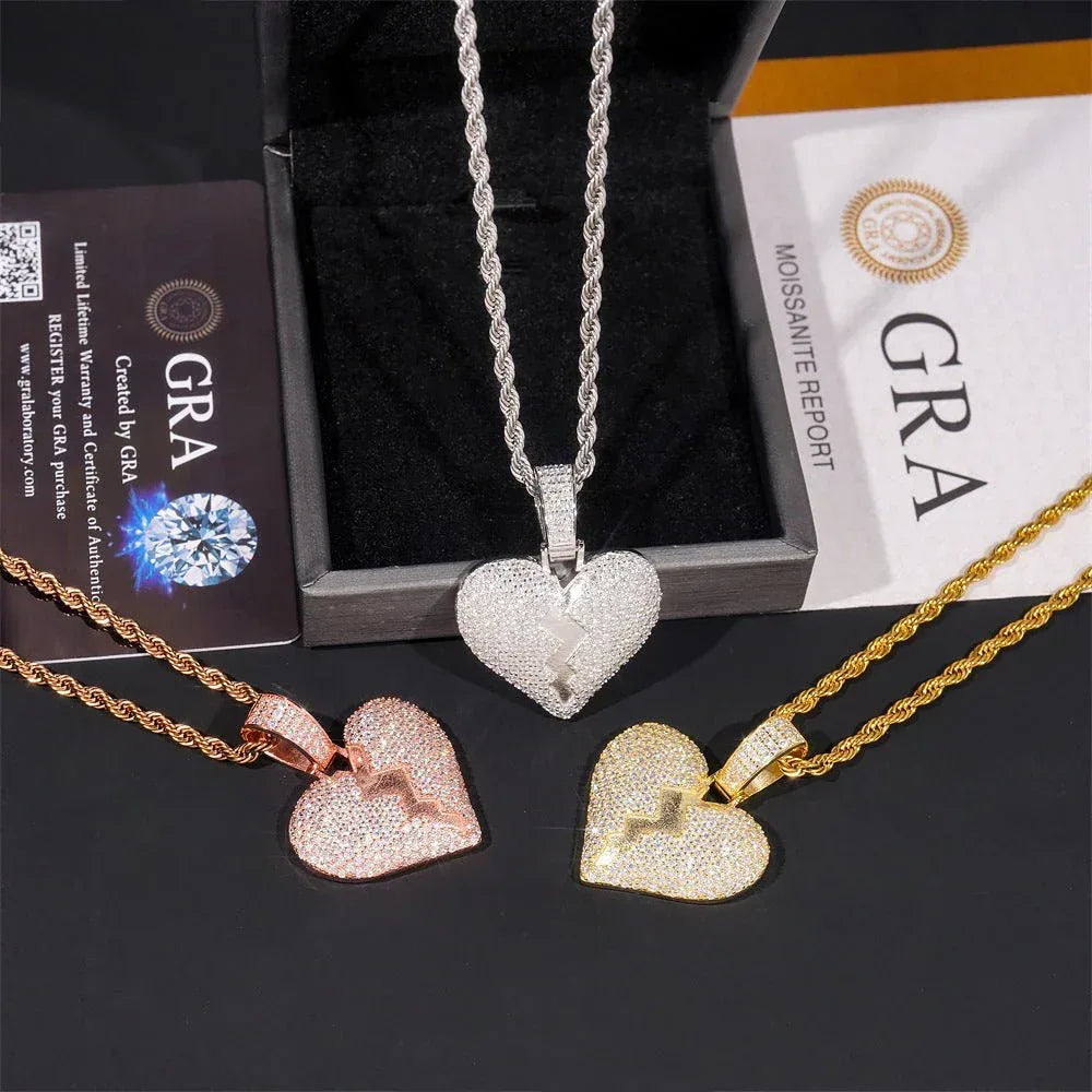 Unisex Heart Hip-Hop Pendant – S925 Silver Moissanite, Fits 5MM Tennis Chain Necklace - CaratixJewelry