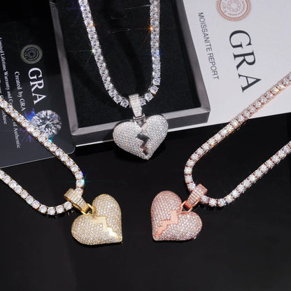 Unisex Heart Hip-Hop Pendant – S925 Silver Moissanite, Fits 5MM Tennis Chain Necklace - CaratixJewelry